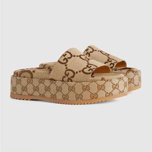 Gucci Beige Brown GG Canvas Platform Slide Sandals